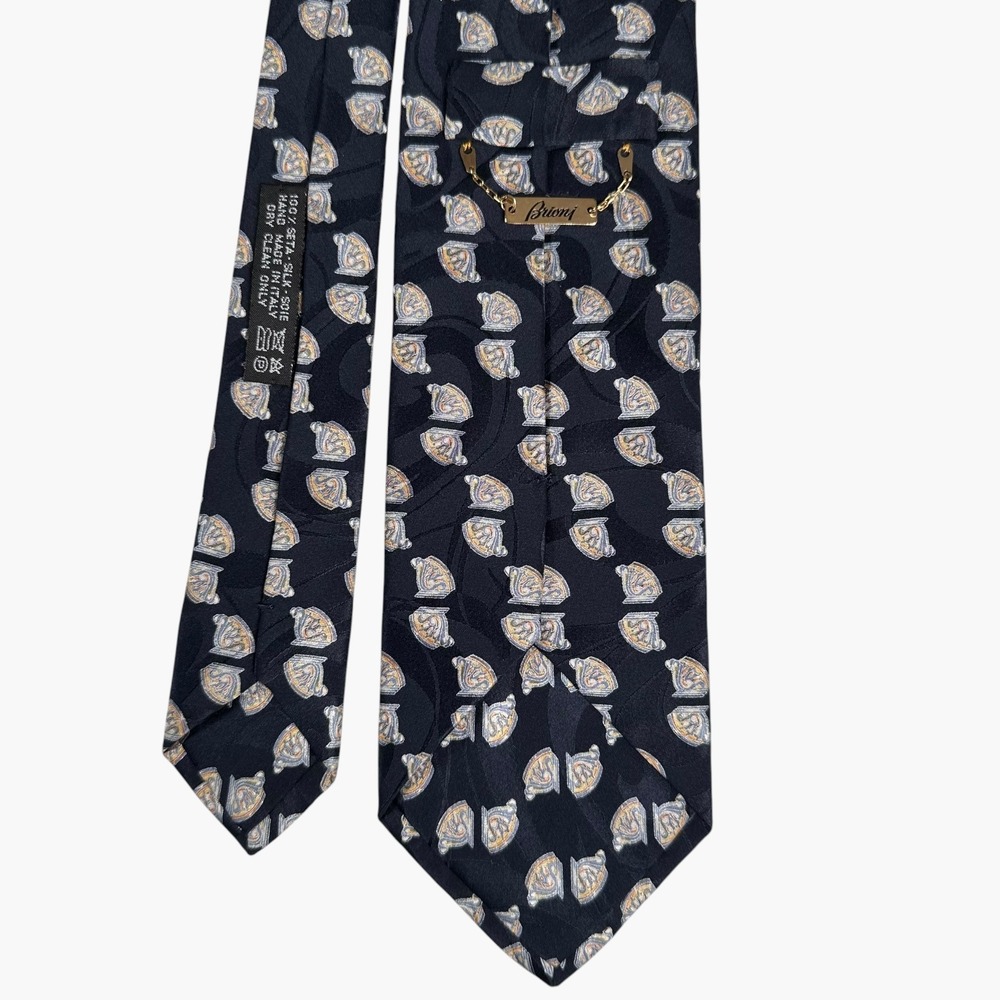 Brioni Silk Tie Mens One Size Navy Blue Geometric Abstract Hand Made Italy - Picture 2 of 4